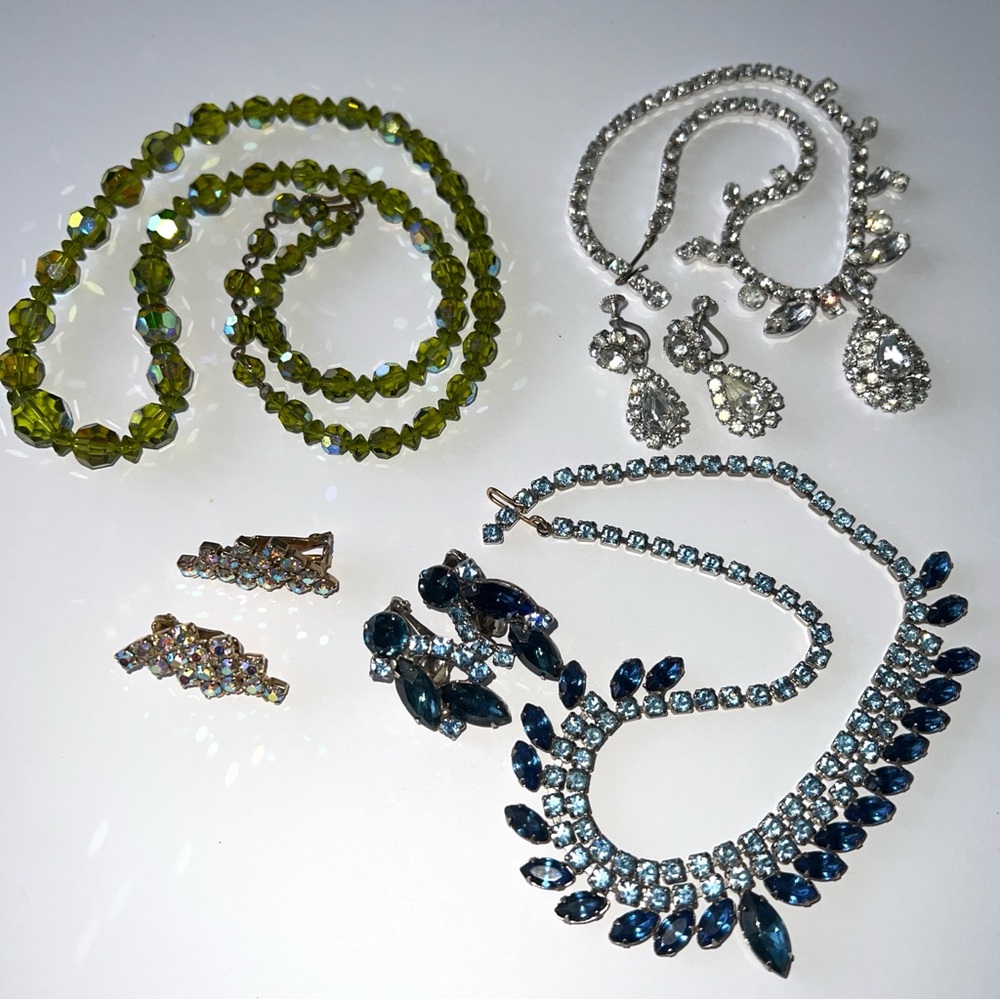 Vintage Estate Jewelry Sets Necklace Earrings Rhinestone Crystal Art Deco Gatsby